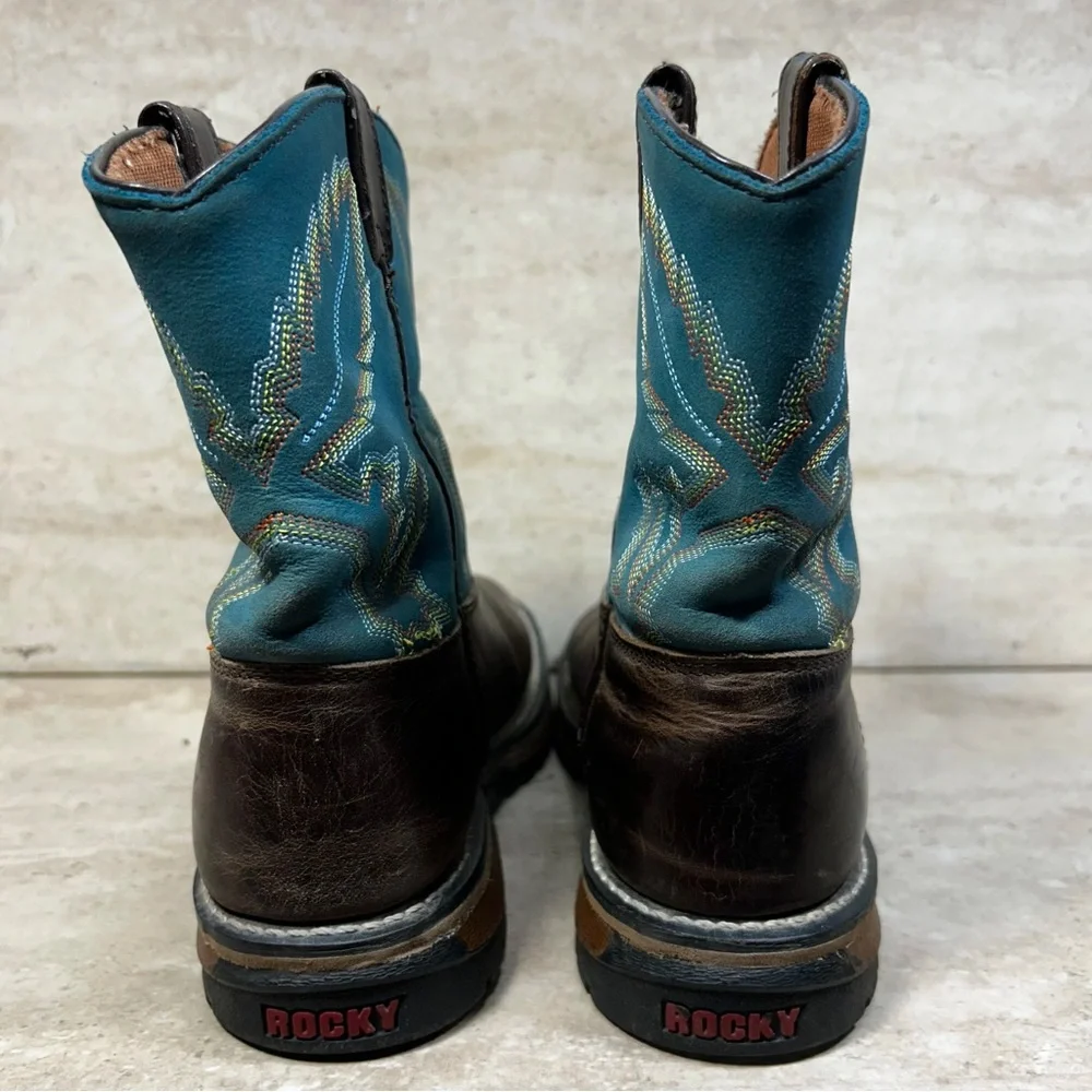 Rocky Kids Western Boots Brown‎ Leather Teal Blue Stitched Square Toe Pull On